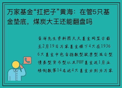 万家基金“扛把子”黄海：在管5只基金垫底，煤炭大王还能翻盘吗