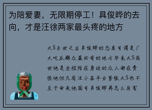 为陪爱妻，无限期停工！具俊晔的去向，才是汪徐两家最头疼的地方