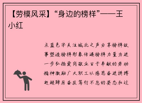 【劳模风采】“身边的榜样”——王小红