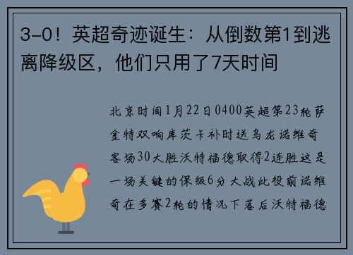 3-0！英超奇迹诞生：从倒数第1到逃离降级区，他们只用了7天时间