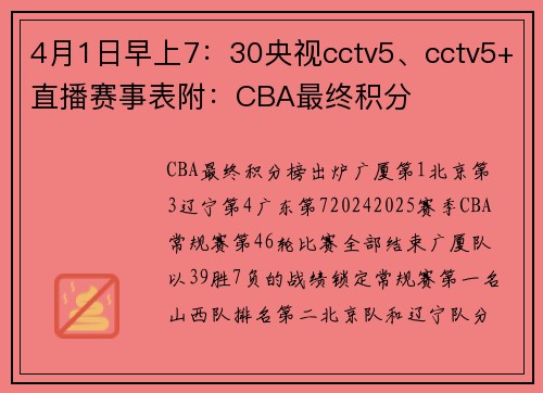 4月1日早上7：30央视cctv5、cctv5+直播赛事表附：CBA最终积分