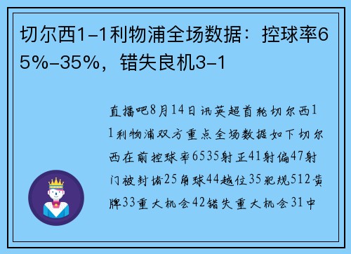 切尔西1-1利物浦全场数据：控球率65%-35%，错失良机3-1