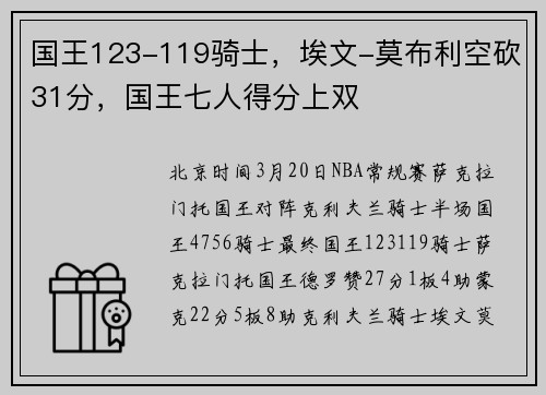 国王123-119骑士，埃文-莫布利空砍31分，国王七人得分上双