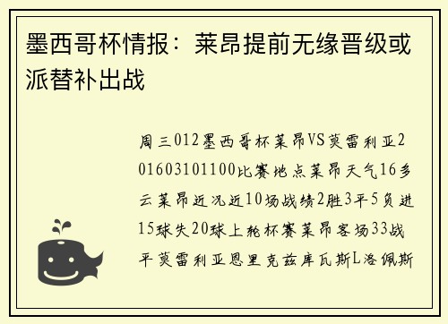 墨西哥杯情报：莱昂提前无缘晋级或派替补出战