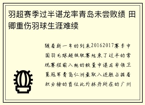 羽超赛季过半谌龙率青岛未尝败绩 田卿重伤羽球生涯难续